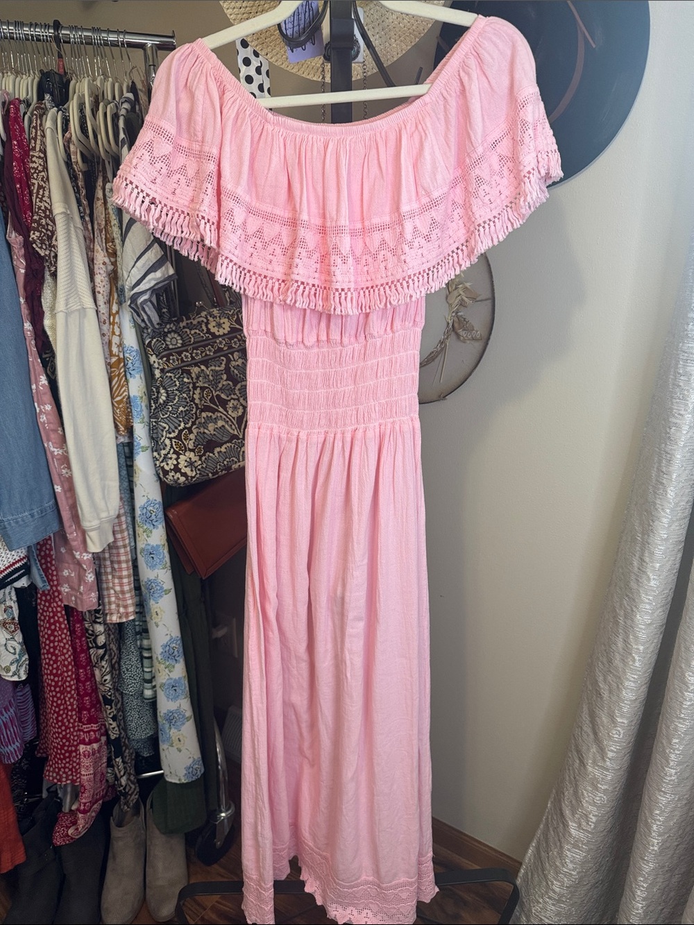 Pink Off-Shoulder Maxi Dress with Crochet Ruffle